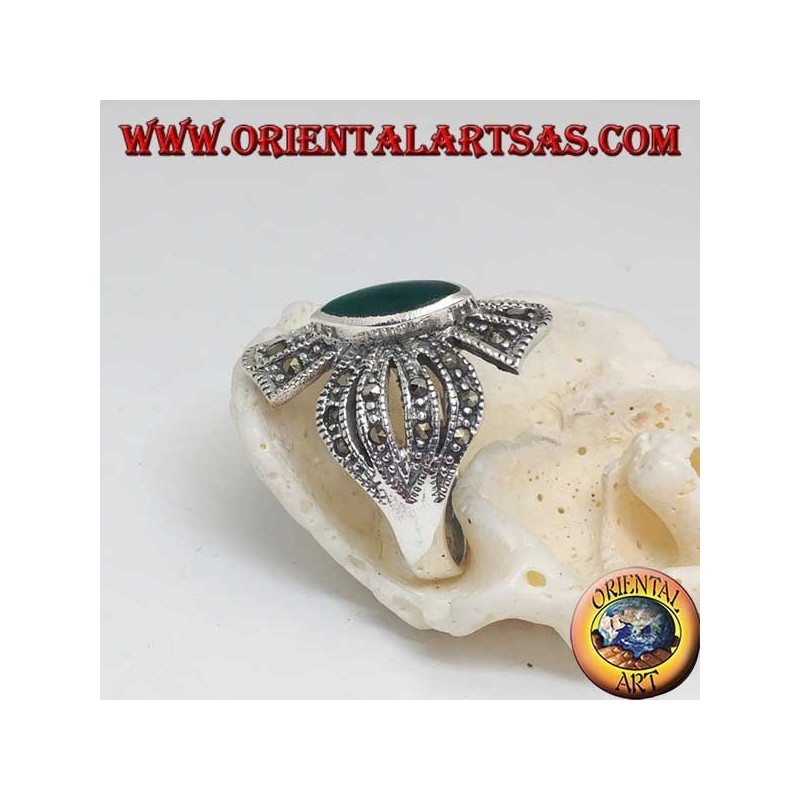 Silver ring cross studded with marcasites with central shuttle green agate