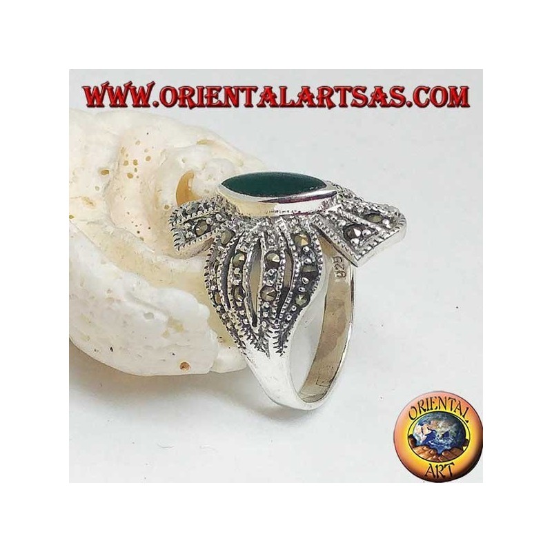 Silver ring cross studded with marcasites with central shuttle green agate