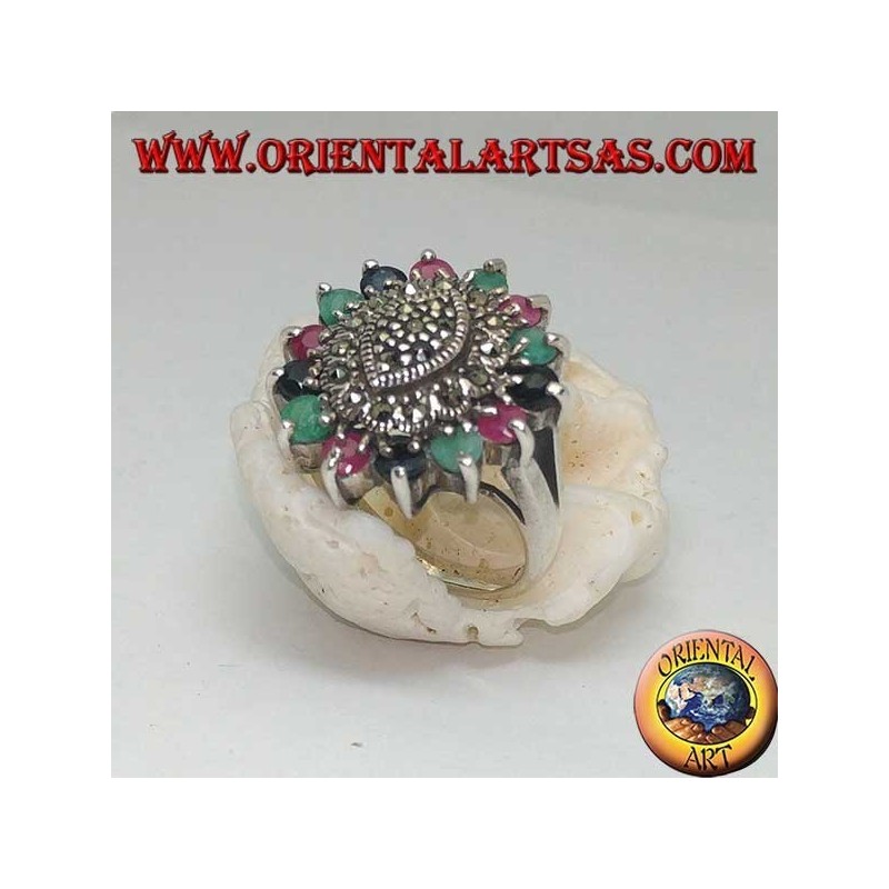 Ring in shuttle silver on oval with marcasite surrounded by rubies, emeralds and round sapphires set