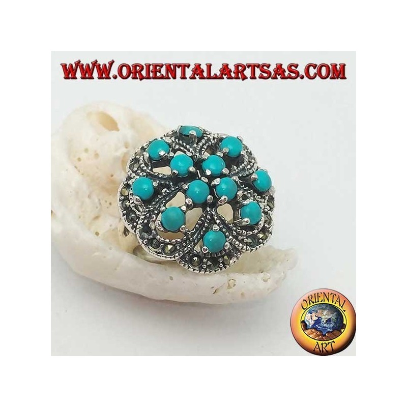 Bague en argent ajourée alternée avec double croix avec ensemble turquoise rond et marcassite