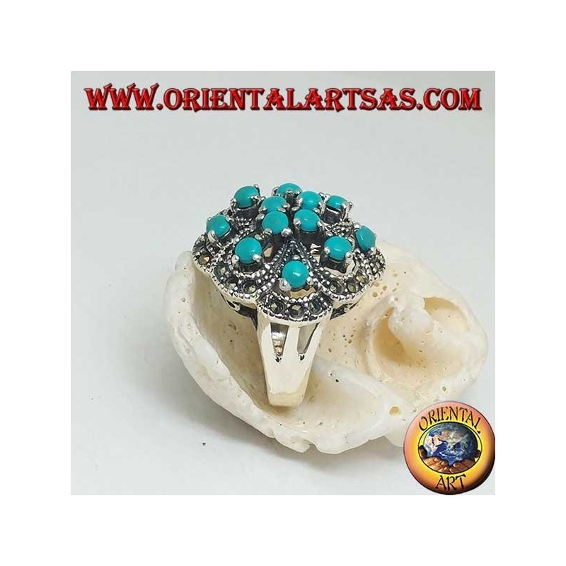 Anillo alterno calado de plata con doble cruz con conjunto redondo turquesa y marcasita