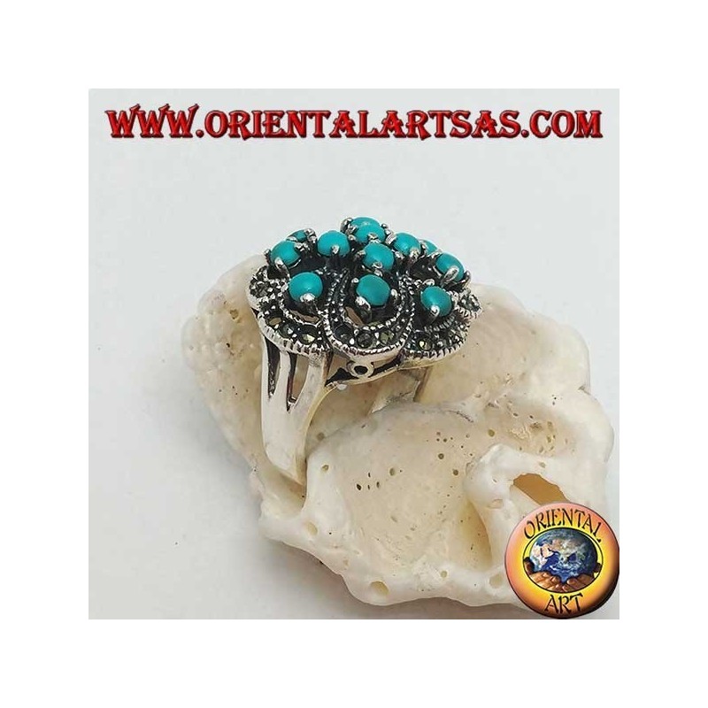 Anillo alterno calado de plata con doble cruz con conjunto redondo turquesa y marcasita