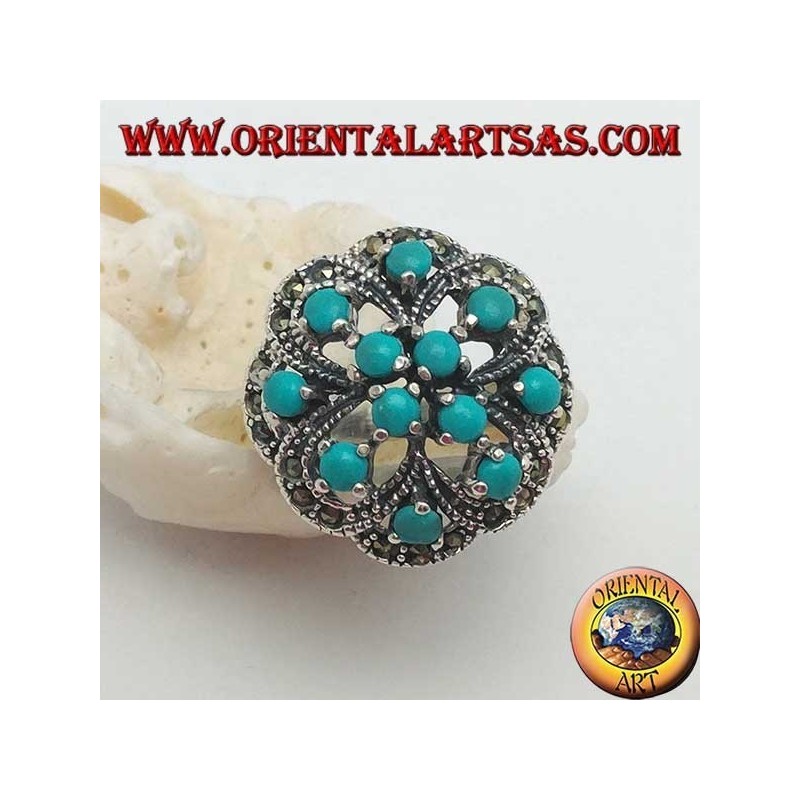 Bague en argent ajourée alternée avec double croix avec ensemble turquoise rond et marcassite