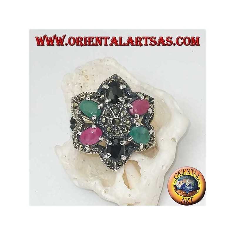 Bague en argent fleur de Bethléem (étoile à six branches) avec rubis, émeraudes et saphirs sertis et marcassite
