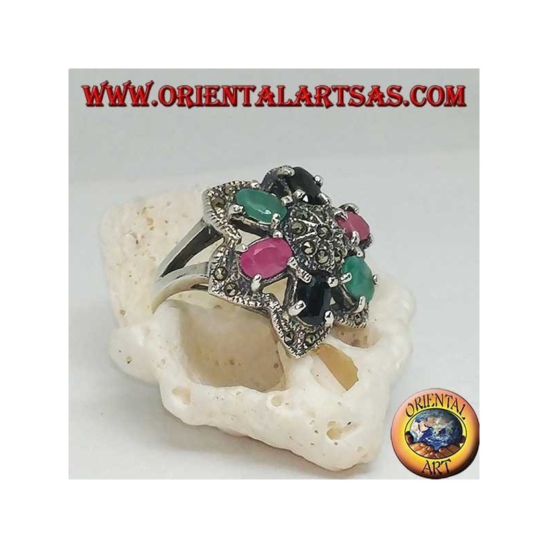 Anello in argento fiore di Betlemme (stella a sei punte) con rubini,smeraldi e zaffiri incastonati e marcasite
