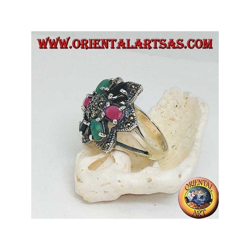 Silver ring flower of Bethlehem (six-pointed star) with rubies, emeralds and sapphires set and marcasite