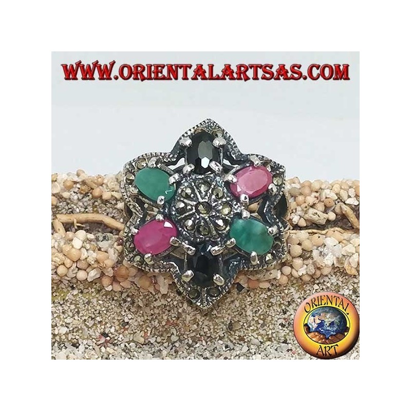 Anillo de plata con flor de Belén (estrella de seis puntas) con rubíes, esmeraldas y zafiros engastados y marcasita