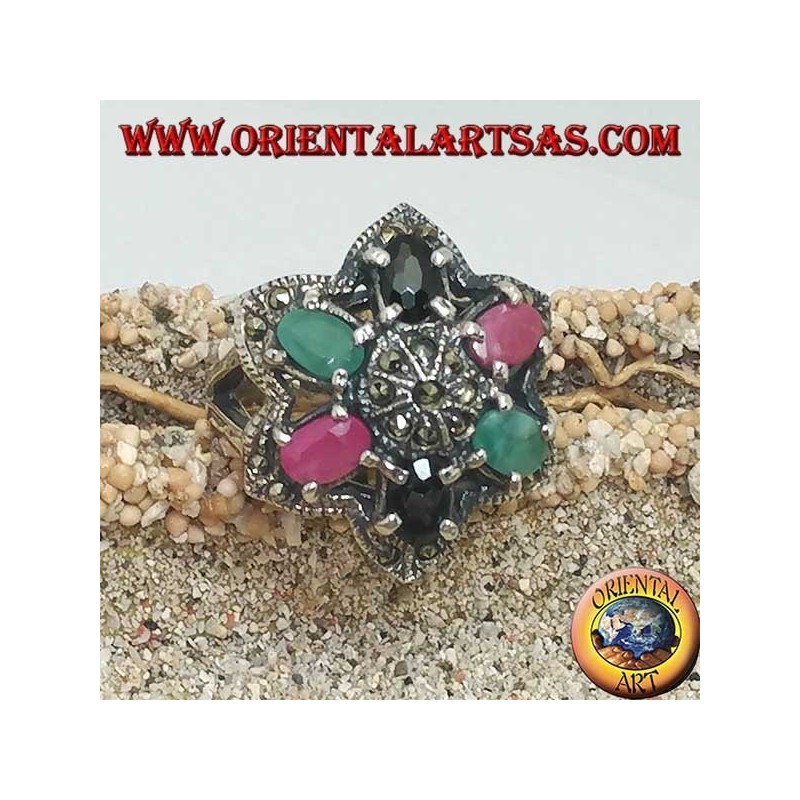 Silver ring flower of Bethlehem (six-pointed star) with rubies, emeralds and sapphires set and marcasite