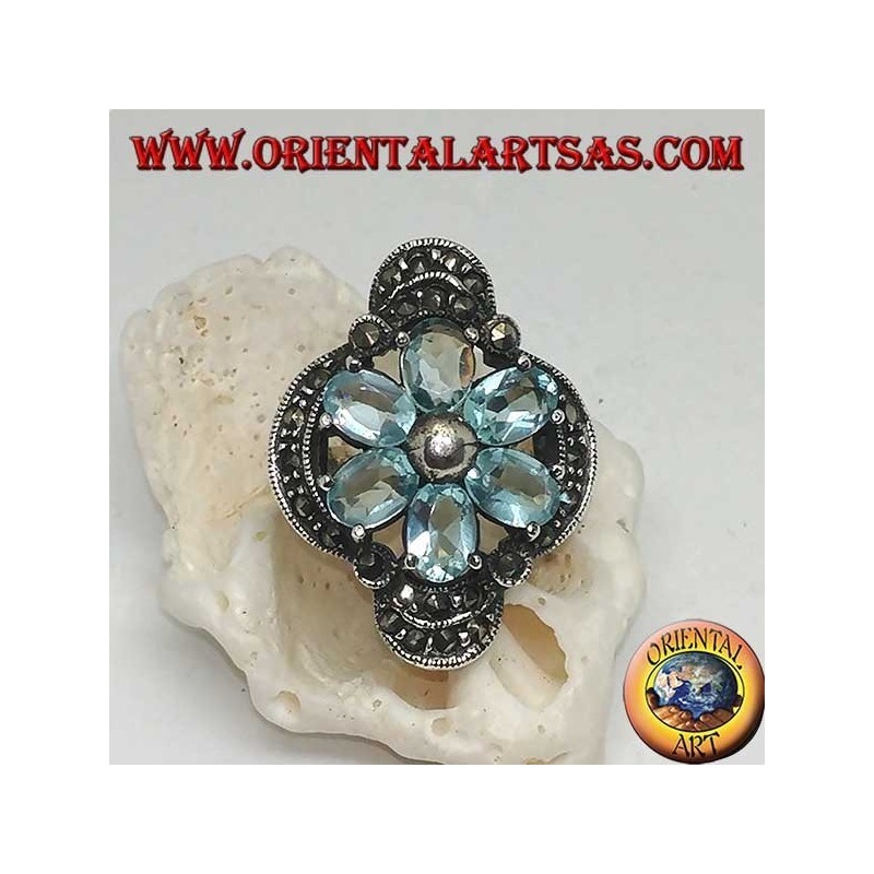 Silberner Bethlehem-Blumenring mit blauen Topasblättern, gekrönt mit Silber und Markasit