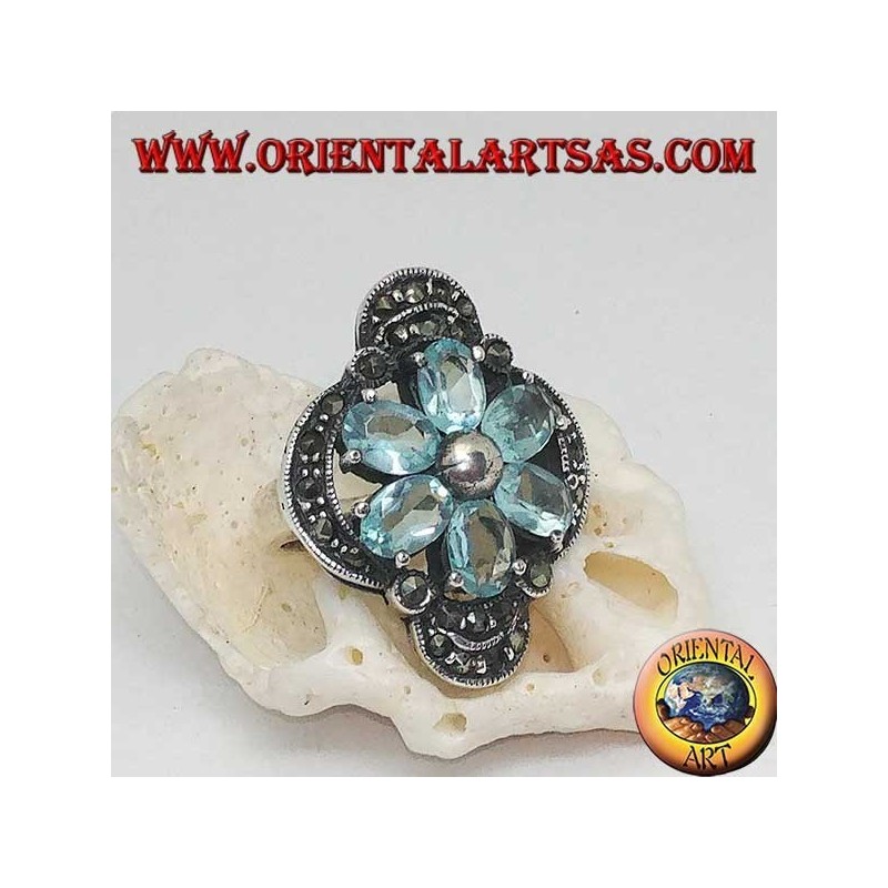 Silberner Bethlehem-Blumenring mit blauen Topasblättern, gekrönt mit Silber und Markasit