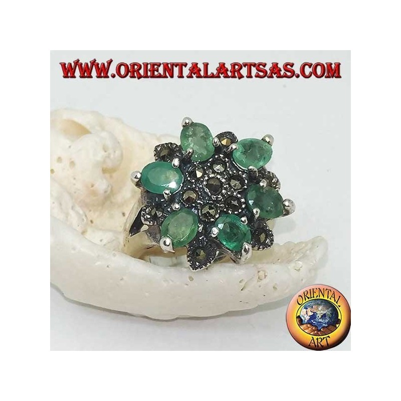 Silver ring with six-pointed stars alternating with natural oval emeralds set and marcasite