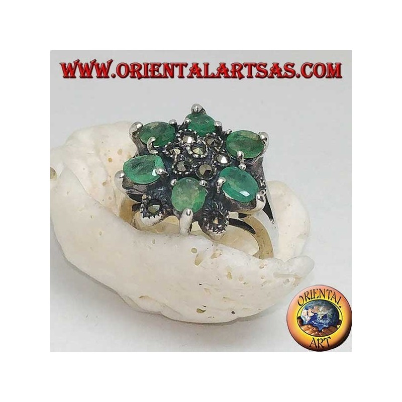 Silver ring with six-pointed stars alternating with natural oval emeralds set and marcasite
