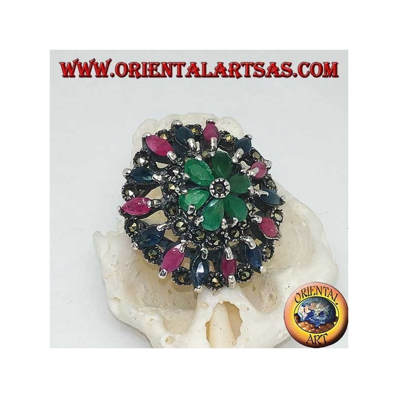 Perforated rosette silver ring with rubies, emeralds and sapphires set and marcasite