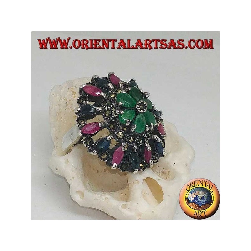 Perforated rosette silver ring with rubies, emeralds and sapphires set and marcasite