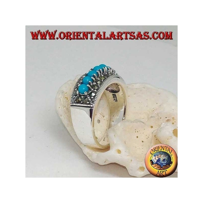 Band silver ring with a row of turquoise balls set surrounded by marcasite