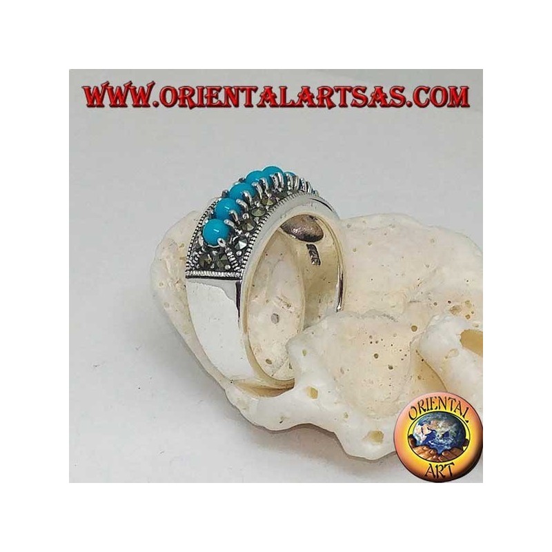 Band silver ring with a row of turquoise balls set surrounded by marcasite