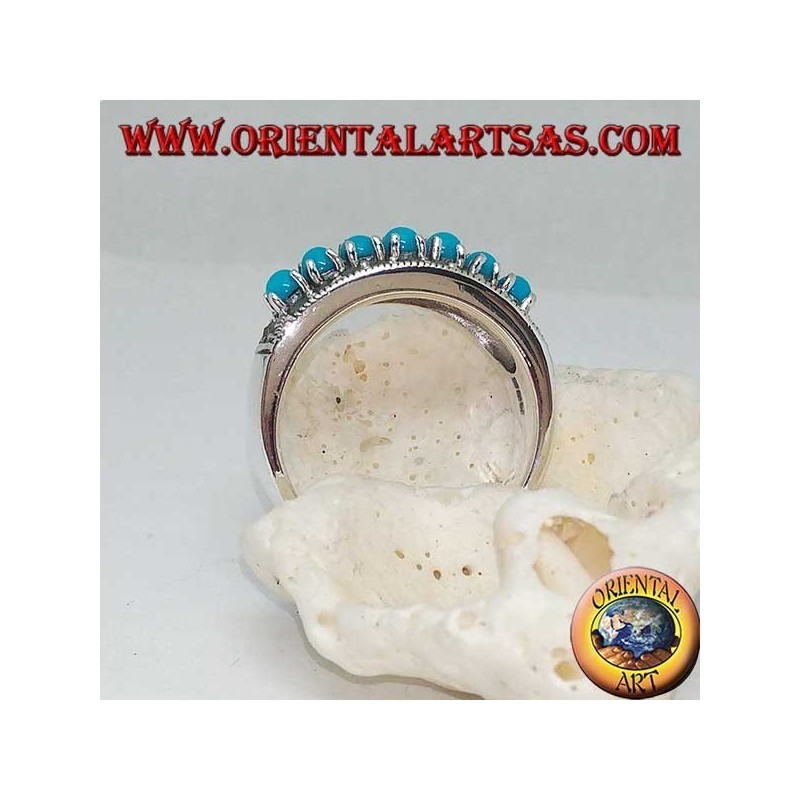 Band silver ring with a row of turquoise balls set surrounded by marcasite