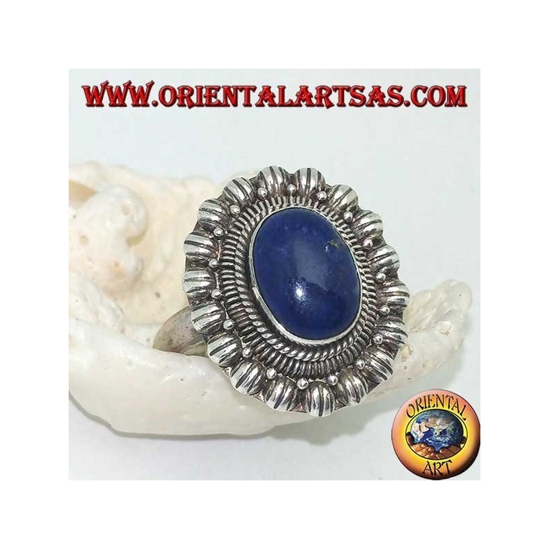 Bague en argent fleur avec cabochon ovale en lapis-lazuli (21)
