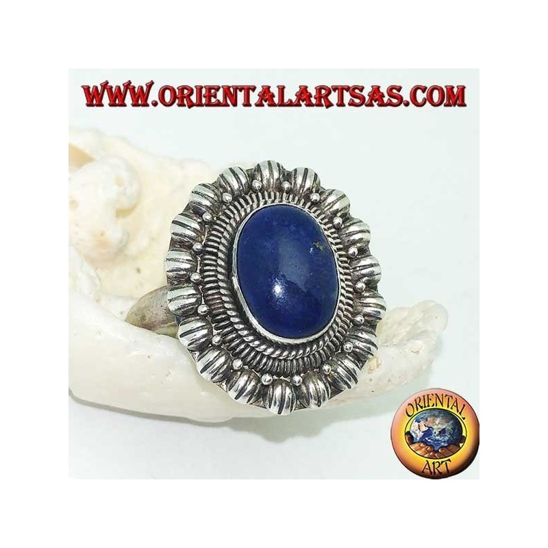 Silberner Blumenring mit ovalem Cabochon Lapislazuli