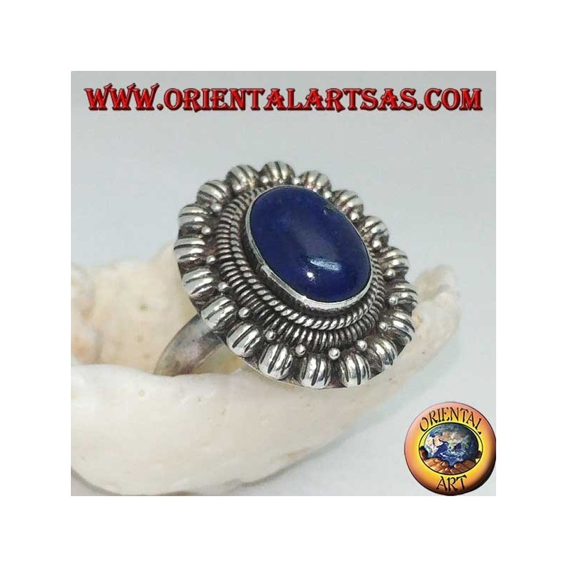 Silver flower ring with oval cabochon lapis lazuli