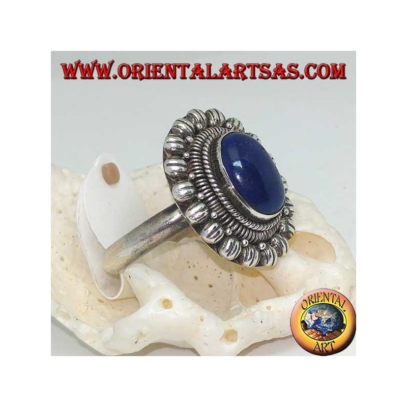 Silver flower ring with oval cabochon lapis lazuli