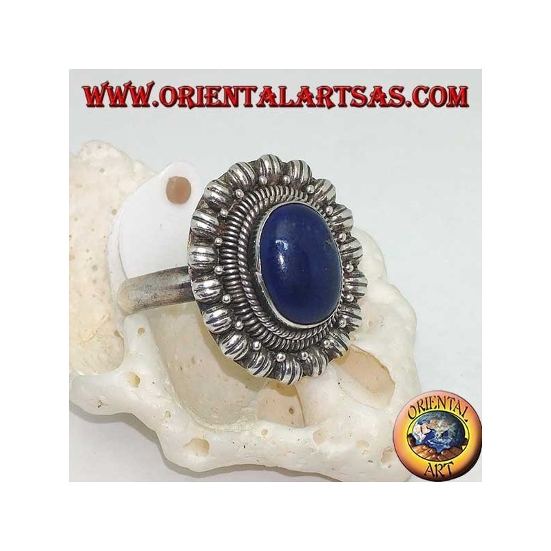 Silver flower ring with oval cabochon lapis lazuli