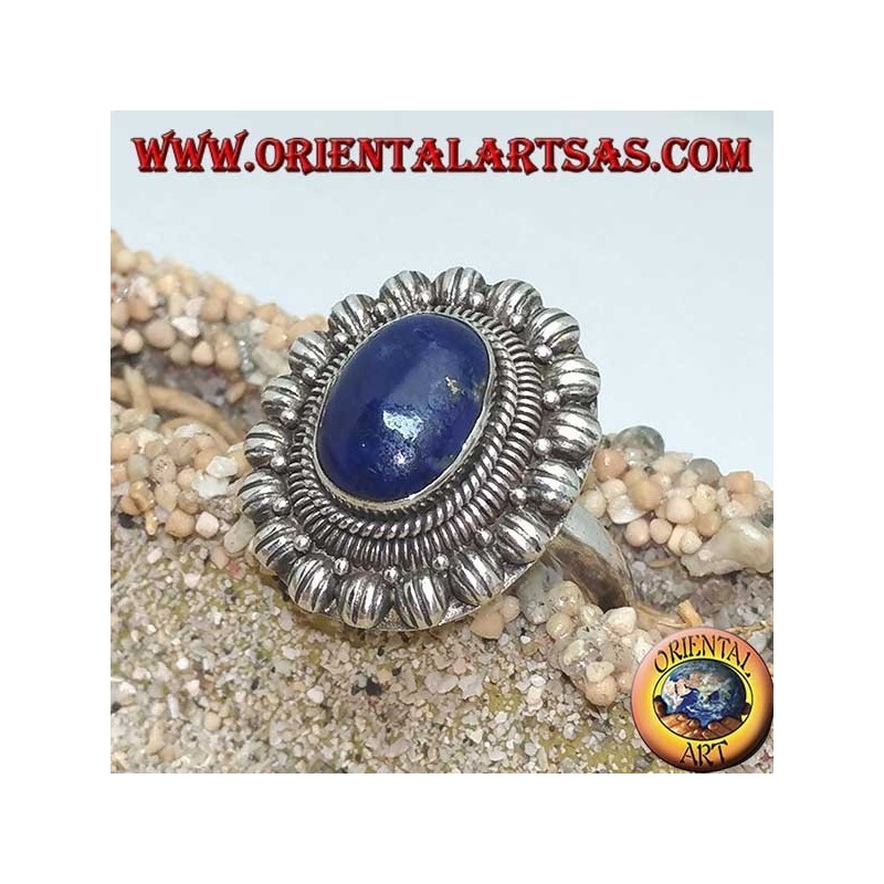 Bague en argent fleur avec cabochon ovale en lapis-lazuli (21)