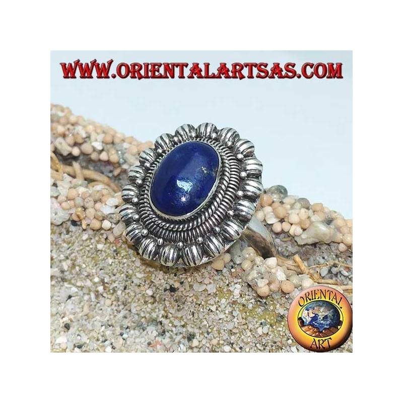 Silberner Blumenring mit ovalem Cabochon Lapislazuli