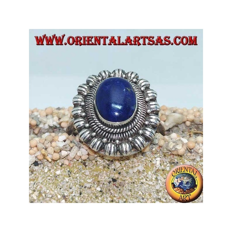 Bague en argent fleur avec cabochon ovale en lapis-lazuli (21)