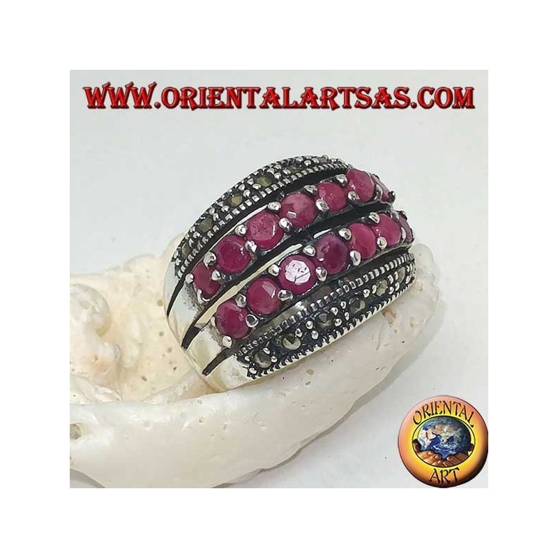 Silver ring with a rounded band with two rows of rubies set between two rows of marcasites