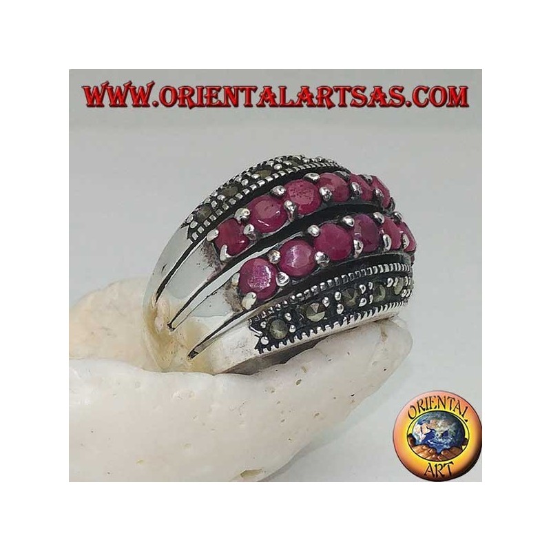 Silver ring with a rounded band with two rows of rubies set between two rows of marcasites