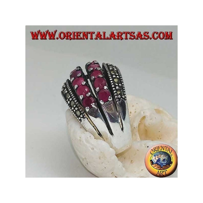 Silver ring with a rounded band with two rows of rubies set between two rows of marcasites
