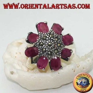 Silver octagonal flower ring with marcasite studded pistil and oval ruby petals set
