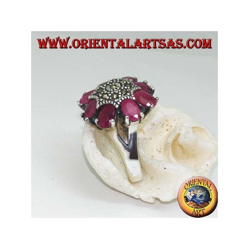 Silver octagonal flower ring with marcasite studded pistil and oval ruby petals set