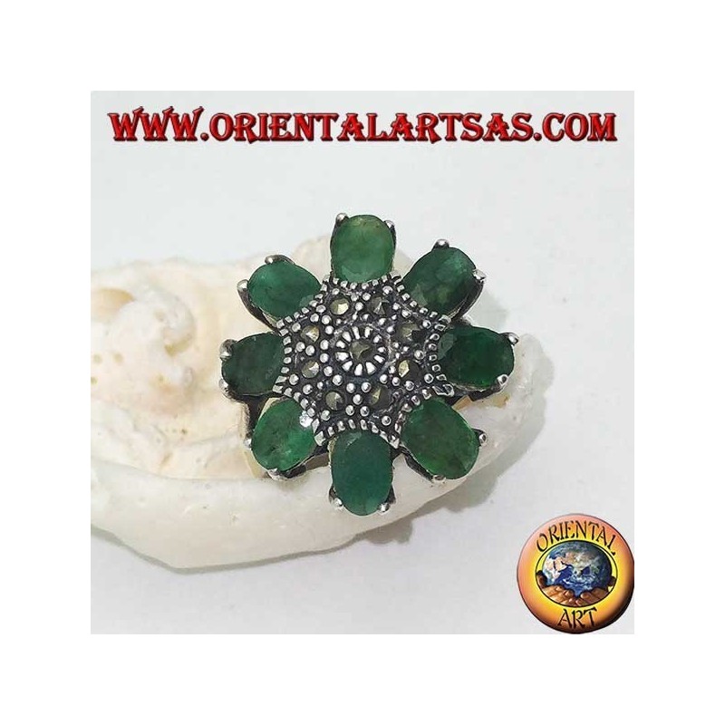 Silver octagonal flower ring with marcasite studded pistil and oval emerald petals set
