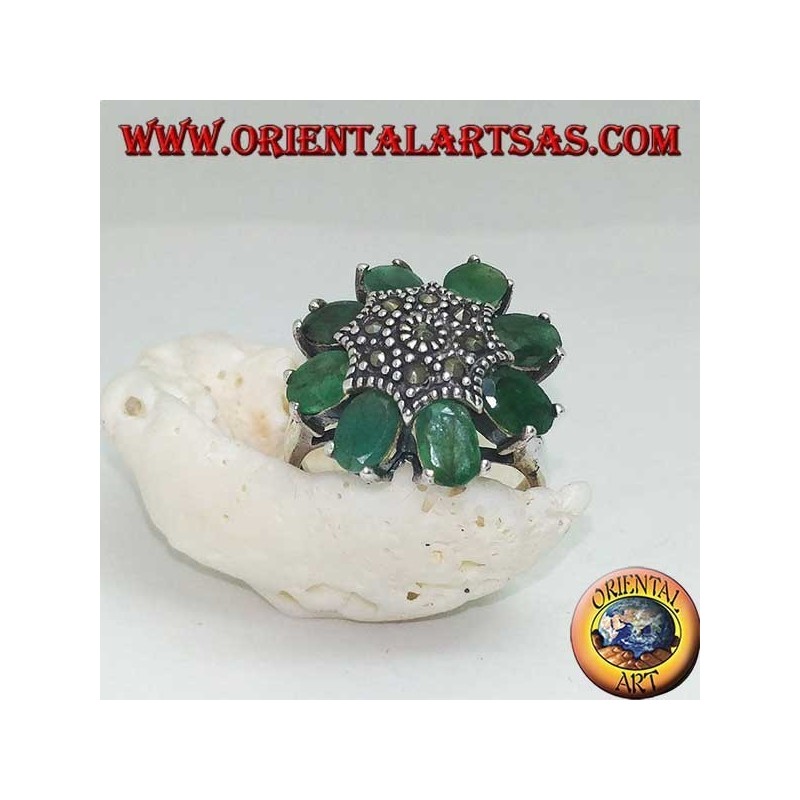 Silver octagonal flower ring with marcasite studded pistil and oval emerald petals set