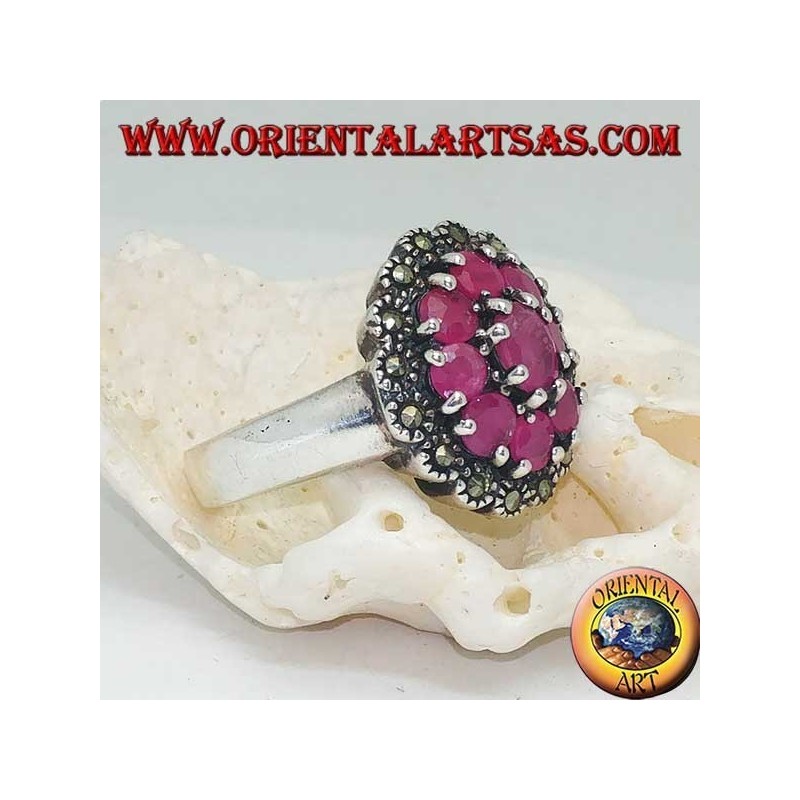 Silver ring with oval natural ruby surrounded by 8 rubies set and marcasites