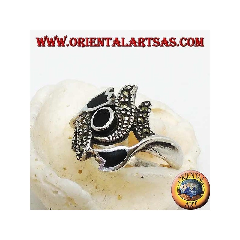 Silver ring with oval onyx between two onyx tulips and stems with marcasites