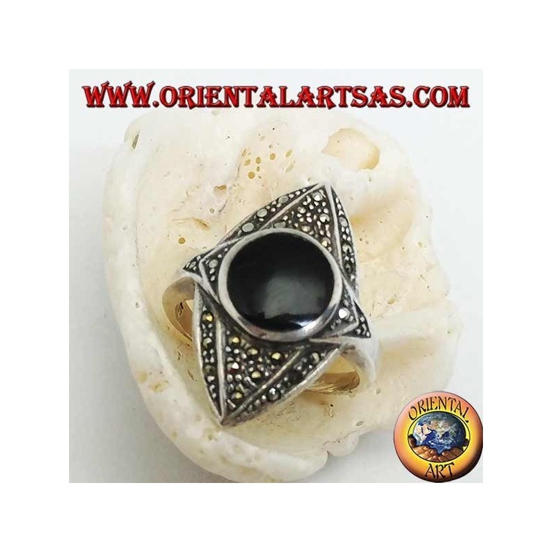 Silver ring rhombus in the ellipse studded with marcasites with central round onyx