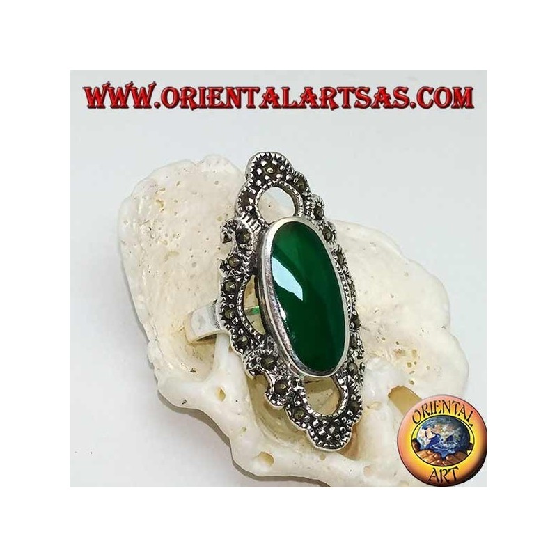 Silver ring with elongated oval green agate surrounded by a wavy line of marcasite