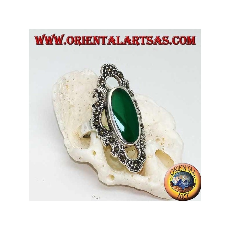 Silver ring with elongated oval green agate surrounded by a wavy line of marcasite