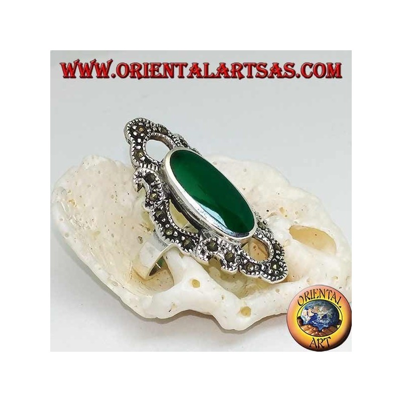Silver ring with elongated oval green agate surrounded by a wavy line of marcasite