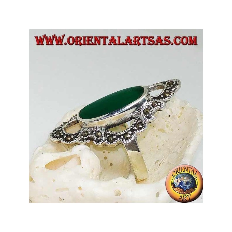 Silver ring with elongated oval green agate surrounded by a wavy line of marcasite