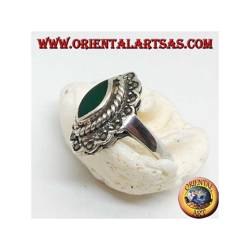 Silver ring with green shuttle agate surrounded by braid and a row of marcasite