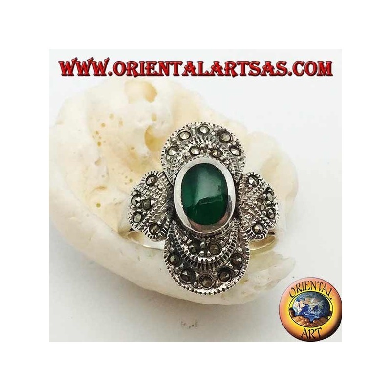Bague en argent avec agate verte ovale sur une monture ronde parsemée de marcassite