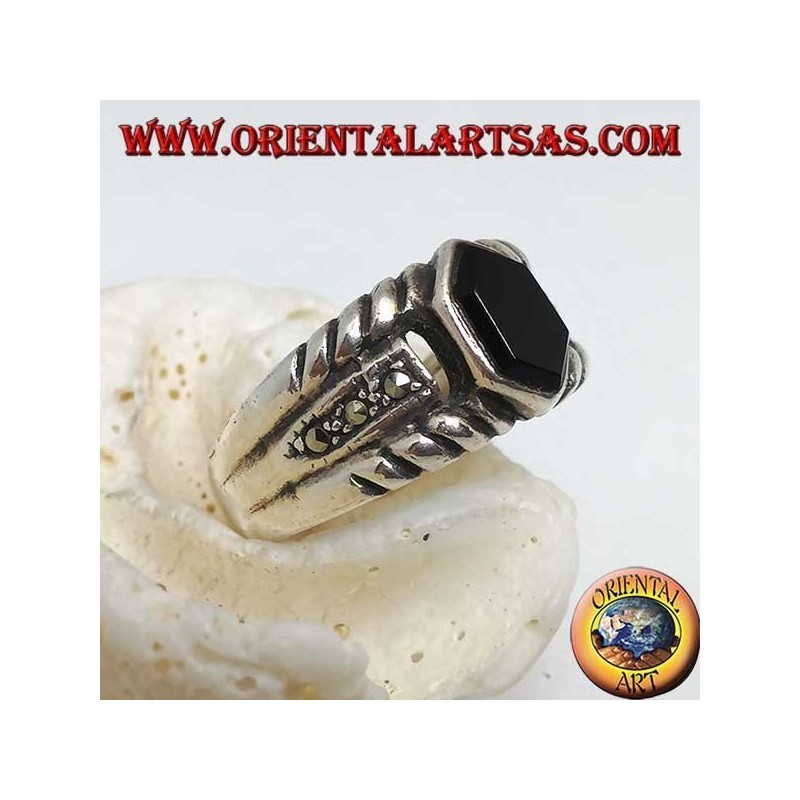Silver banded ring with hexagonal onyx and marcasite on the sides