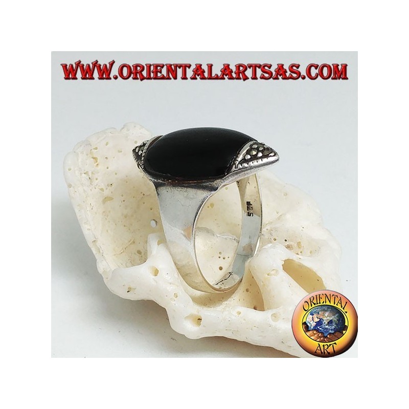 Silberring in Form eines vertikalen Auges aus Onyx und Markasit an den Spitzen