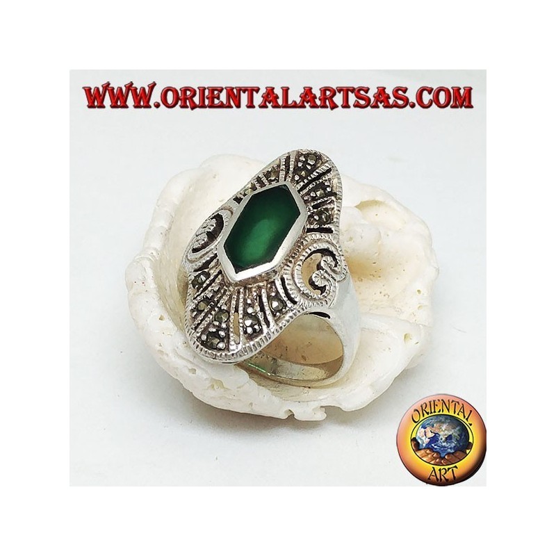 Elliptical silver ring with hexagonal and marcasite green agate and openwork heart on the sides