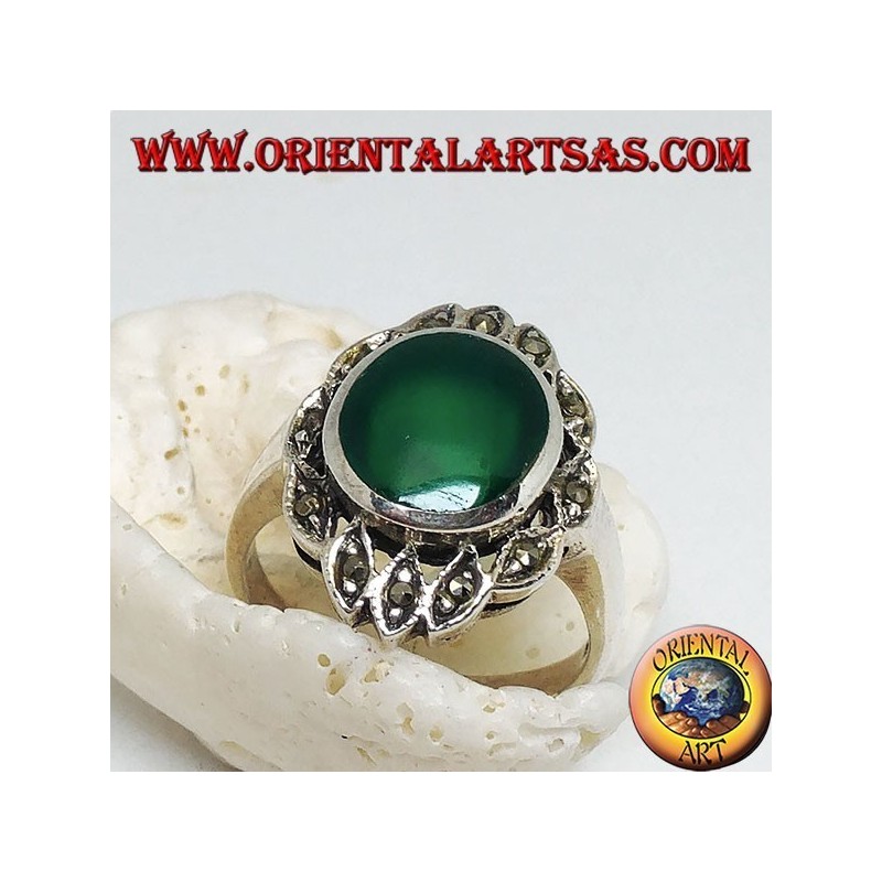 Anello Agata Verde Ovale Ellissi Marcasiti Argento 925 | Oriental Art