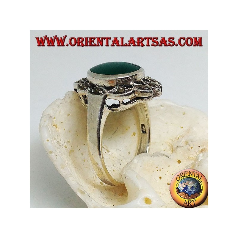 Silver ring with oval green agate surrounded by ellipses with marcasite